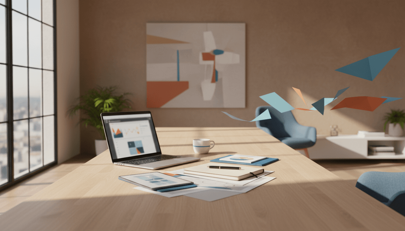 Professional workspace with laptop and business materials in modern London office setting